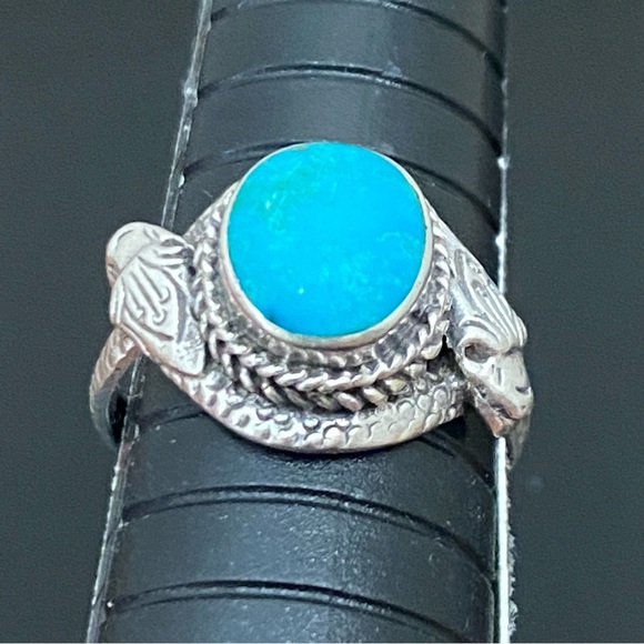 Vintage 925 Sterling Silver Turquoise Double Head Snake Southwestern Ring Size 9 - Picture 10 of 16